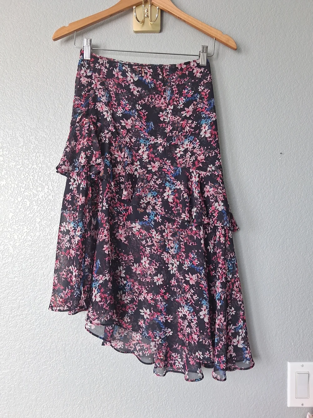 Misa Los Angeles Black Floral High-Low Ruffle Skirt